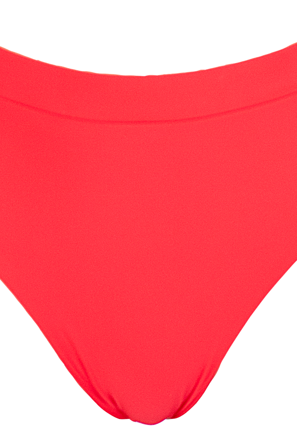 High waisted bright red bikini bottoms with full coverage.