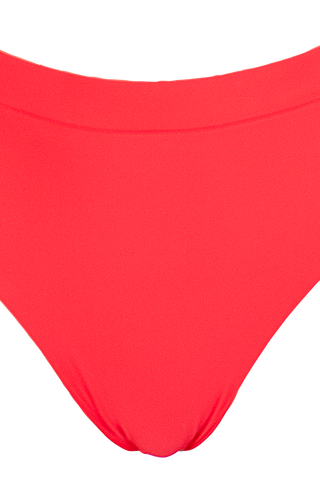 High waisted bright red bikini bottoms with full coverage.