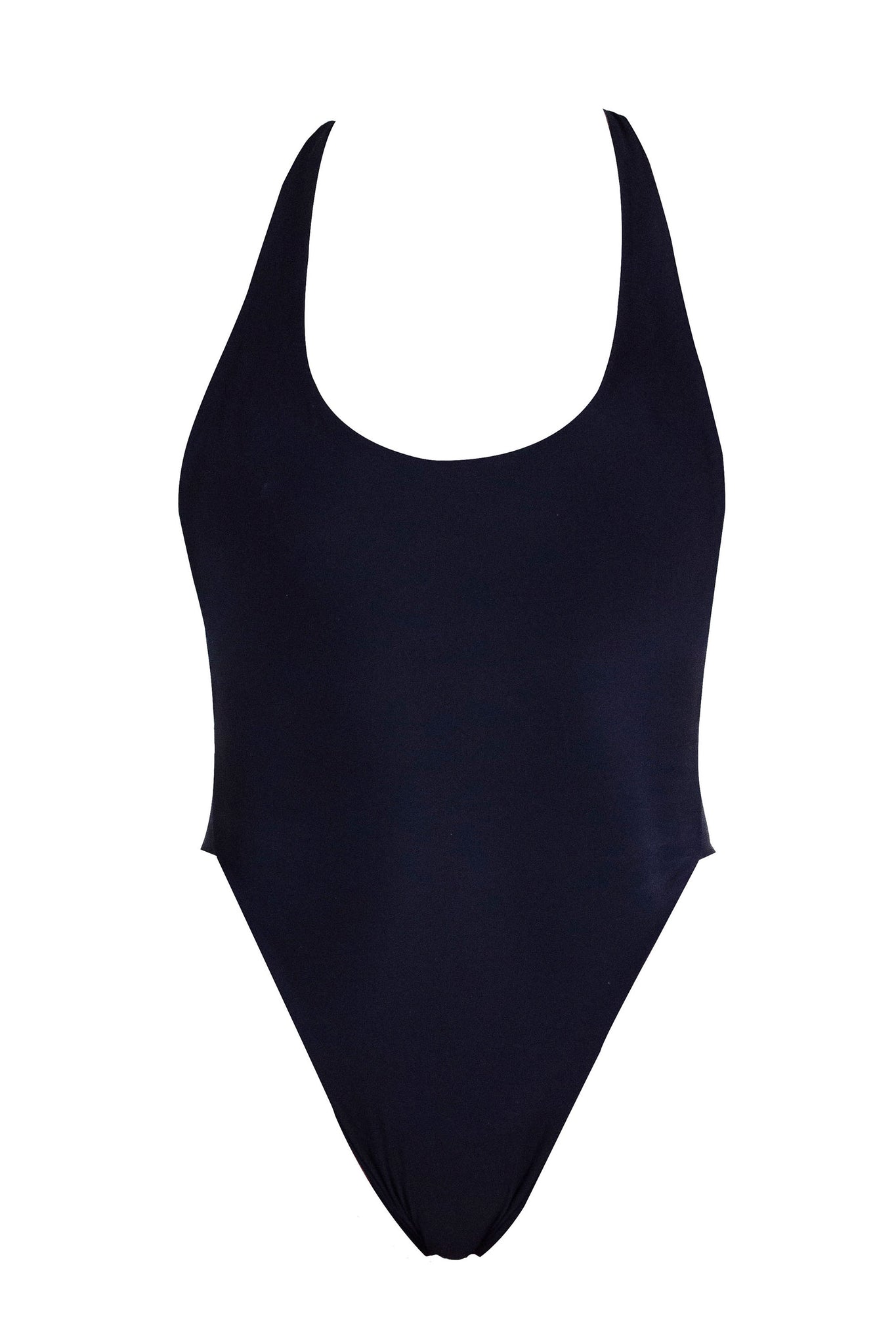 A black high cut one piece swimsuit with thick straps.