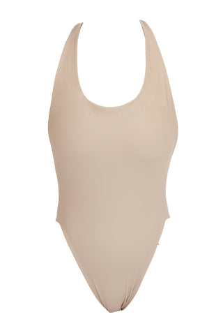 A nude high cut one-piece swimsuit with thick supportive straps.