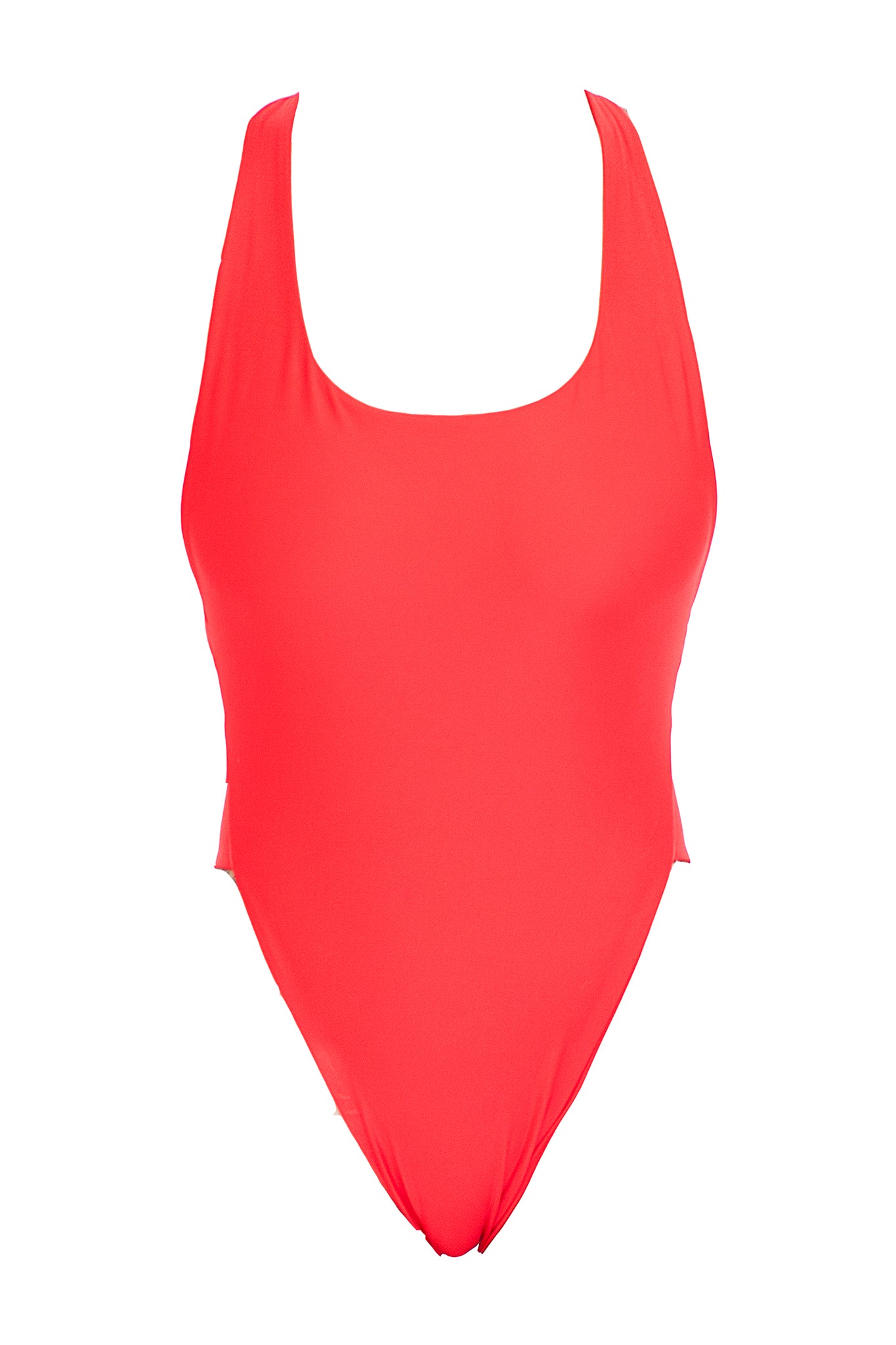 A red high-cut one piece swimsuit with supportive thick straps.