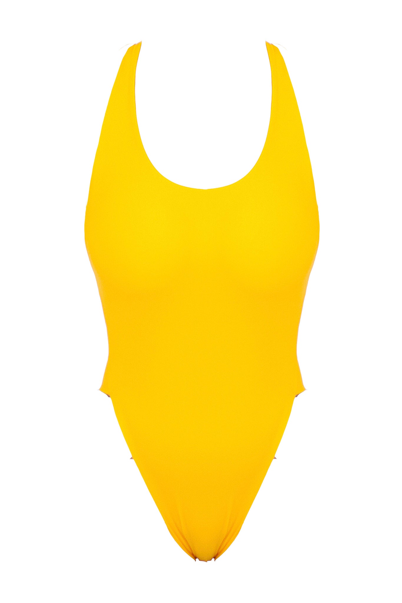 A yellow high-cut one piece swimsuit with thick supportive straps.