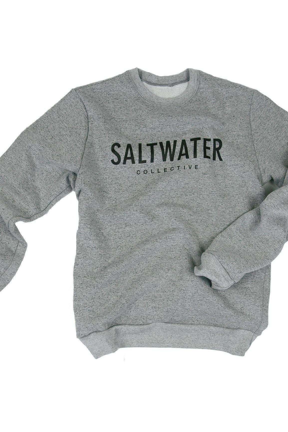 A heather grey crewneck sweatshirt with a black logo.