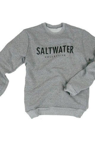 A heather grey crewneck sweatshirt with a black logo.