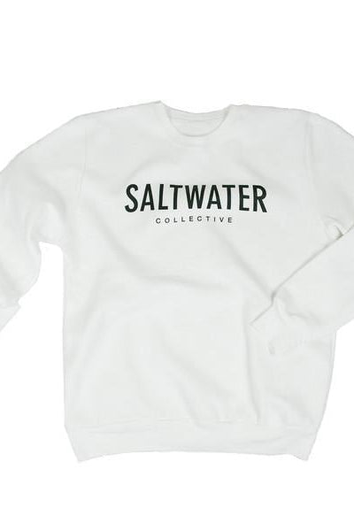 A white crewneck sweatshirt with a black SALTWATER logo printed across the chest.