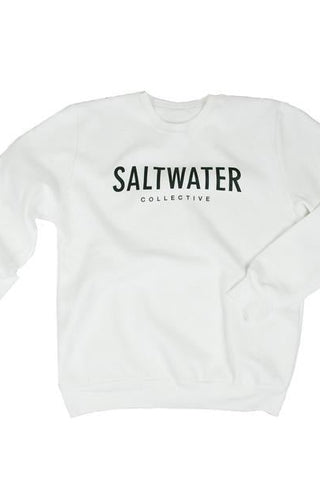 A white crewneck sweatshirt with a black SALTWATER logo printed across the chest.