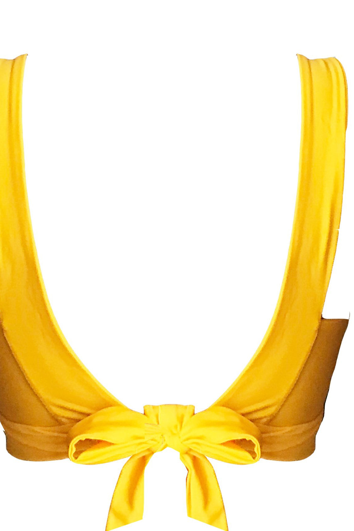 The back of a mustard yellow bikini top with adjustable ties and thick supportive straps.