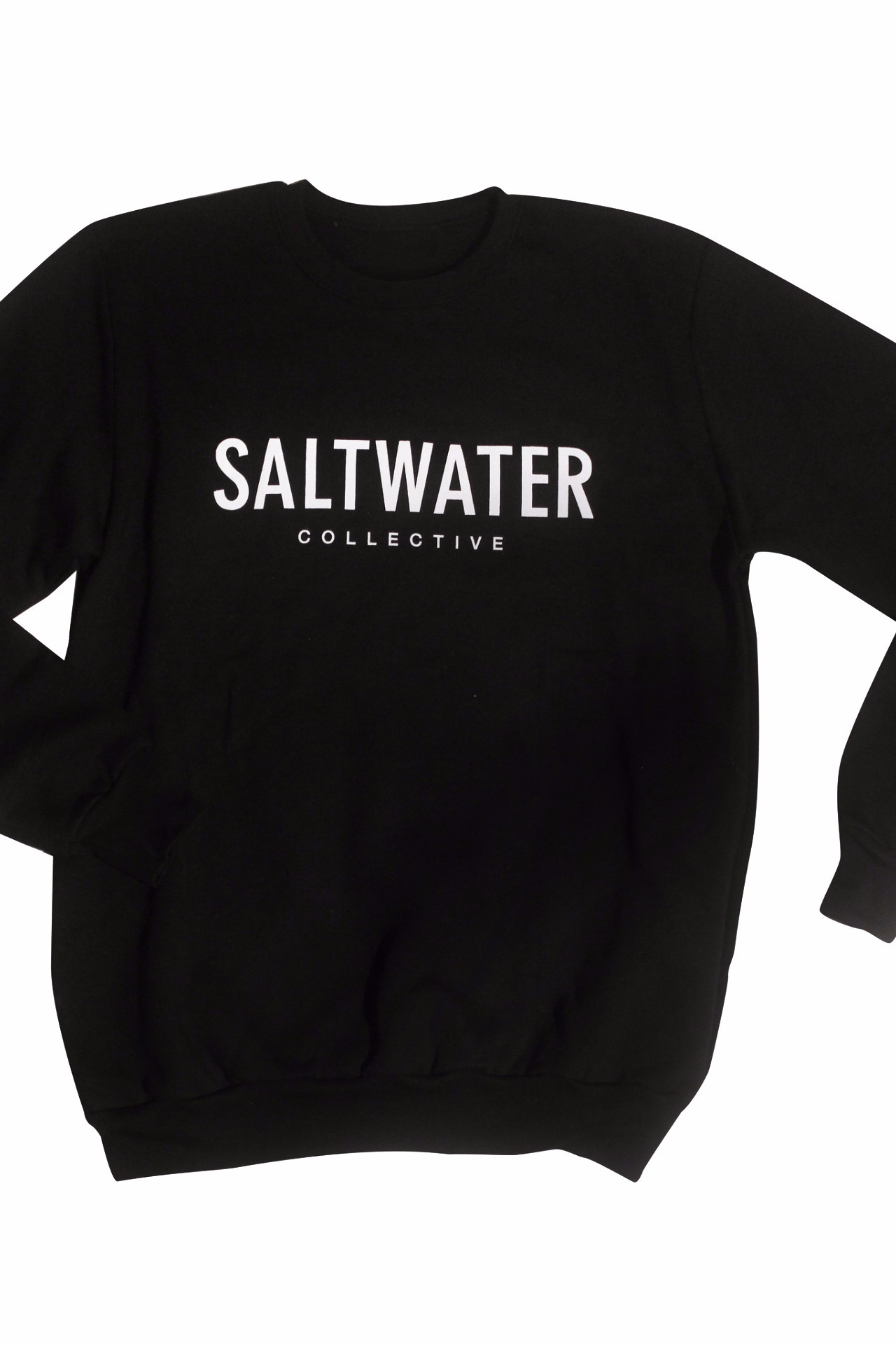 A black crewneck cotton sweatshirt with a white logo printed across the chest.